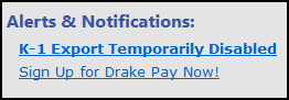 Image of "Alerts and Notifications" on the home page of Drake Tax